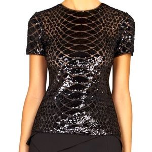 BCBGMaxAzria Black Top Sequin "Larson" Sequined Snakeskin Top
